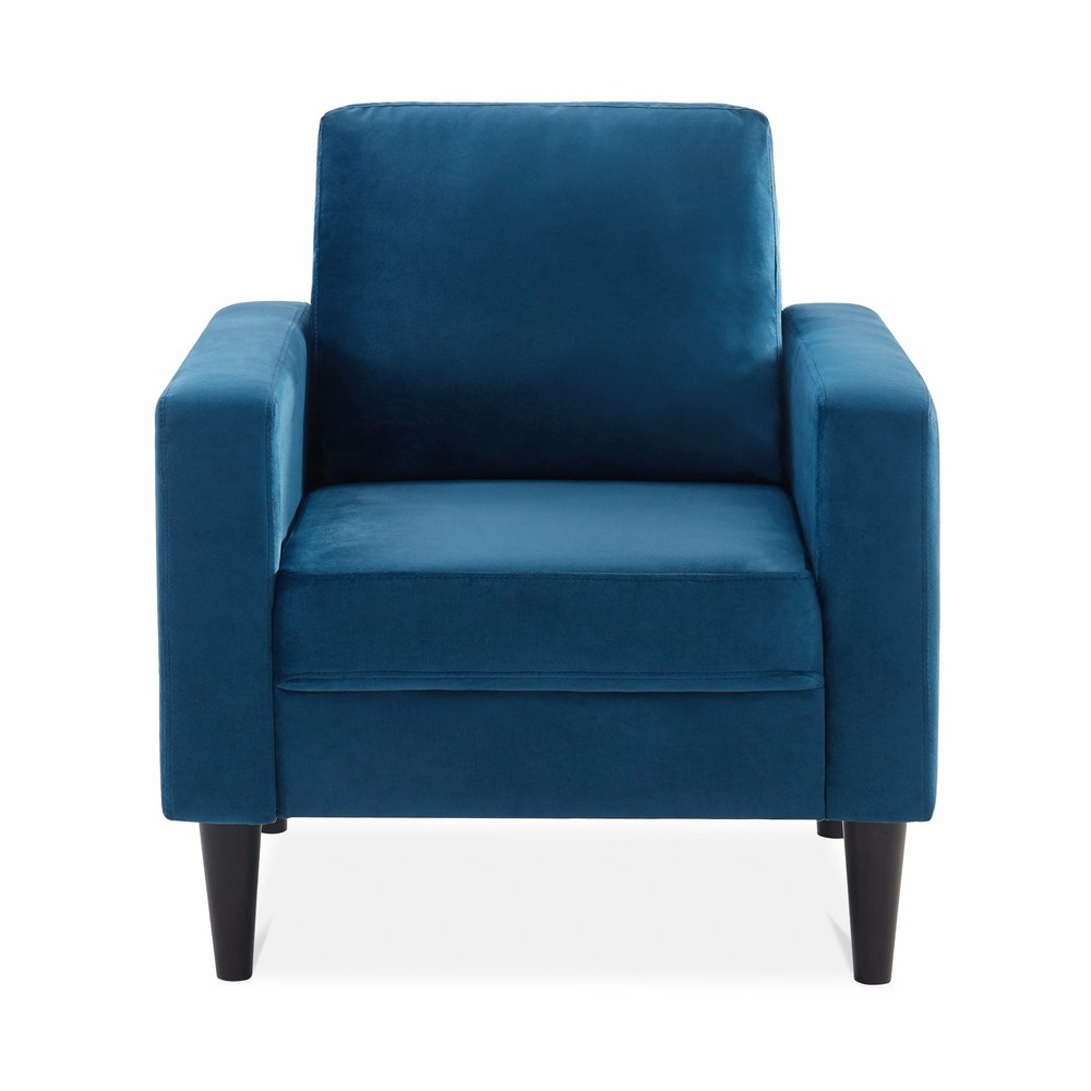 Fauteuil scandinave en velours bleu - bjorn - canapé 1 place fixe droit pieds bois