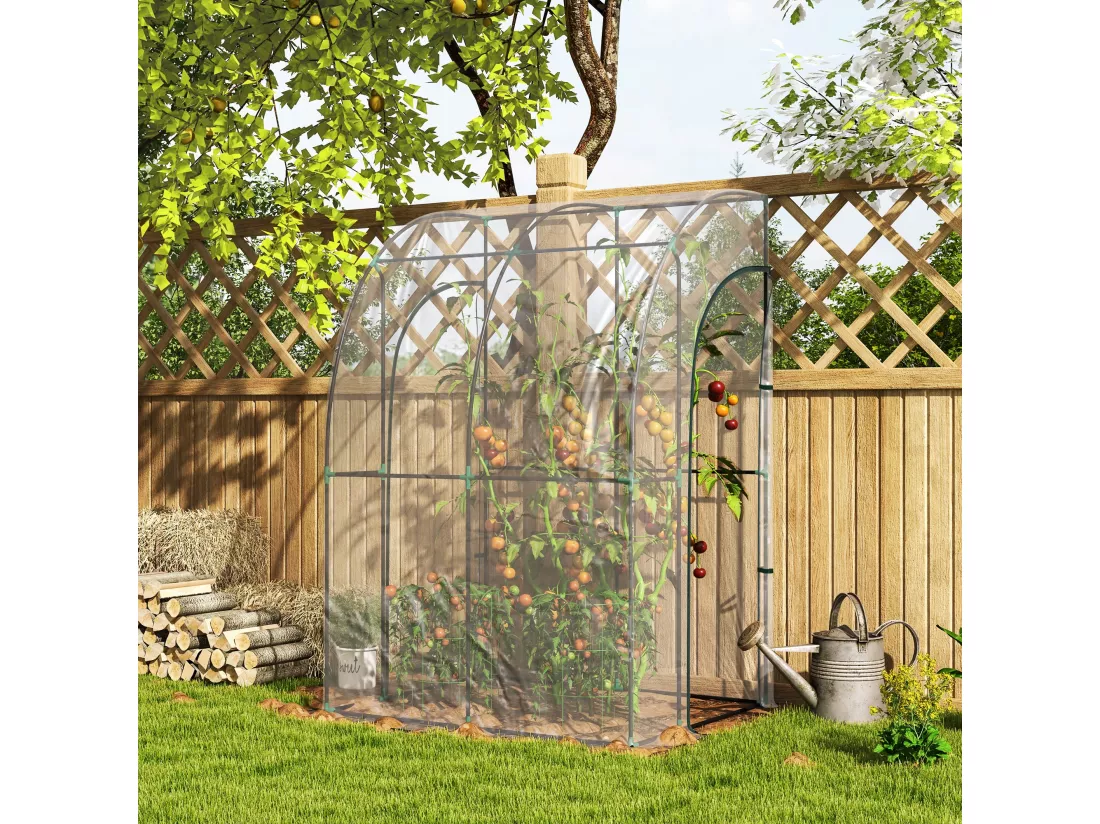 Serre de jardin adossée serre adossée dim. 1,43L x 1,18l x 2,12H m 2 portes zippées enroulables acier PVC transparent