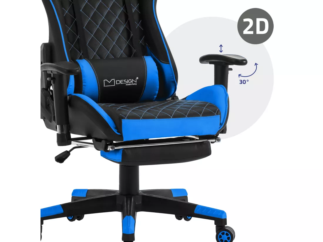 Chaise de jeu avec repose-pieds extensible 2D Accoudoirs Noir/Bleu en similicuir ML-Design