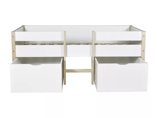Lit mi-hauteur ZEPHIR 90x200 + 2 grands tiroirs + sommier / Blanc & vernis naturel