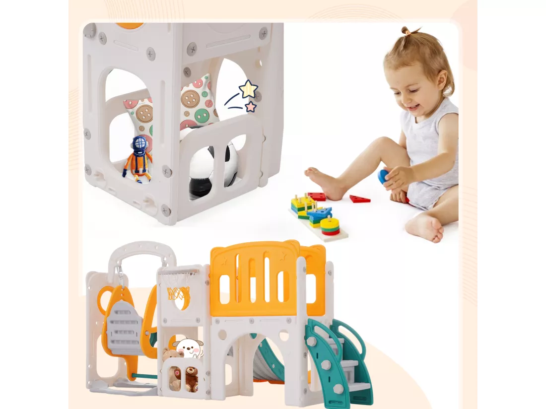 Toboggan 7 en 1 pour enfant, avec balançoire, plate-forme, zone de rangement, arcade, panier de basket, escalier, PEHD, vert+jaune
