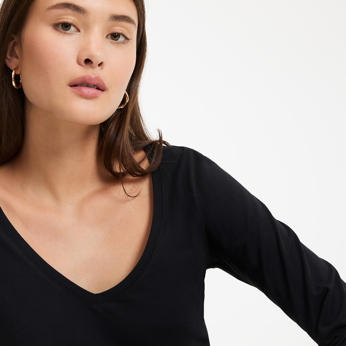 COLEÇÕES LA REDOUTE<br>Camiseta de algodão orgânico, gola V, mangas compridas