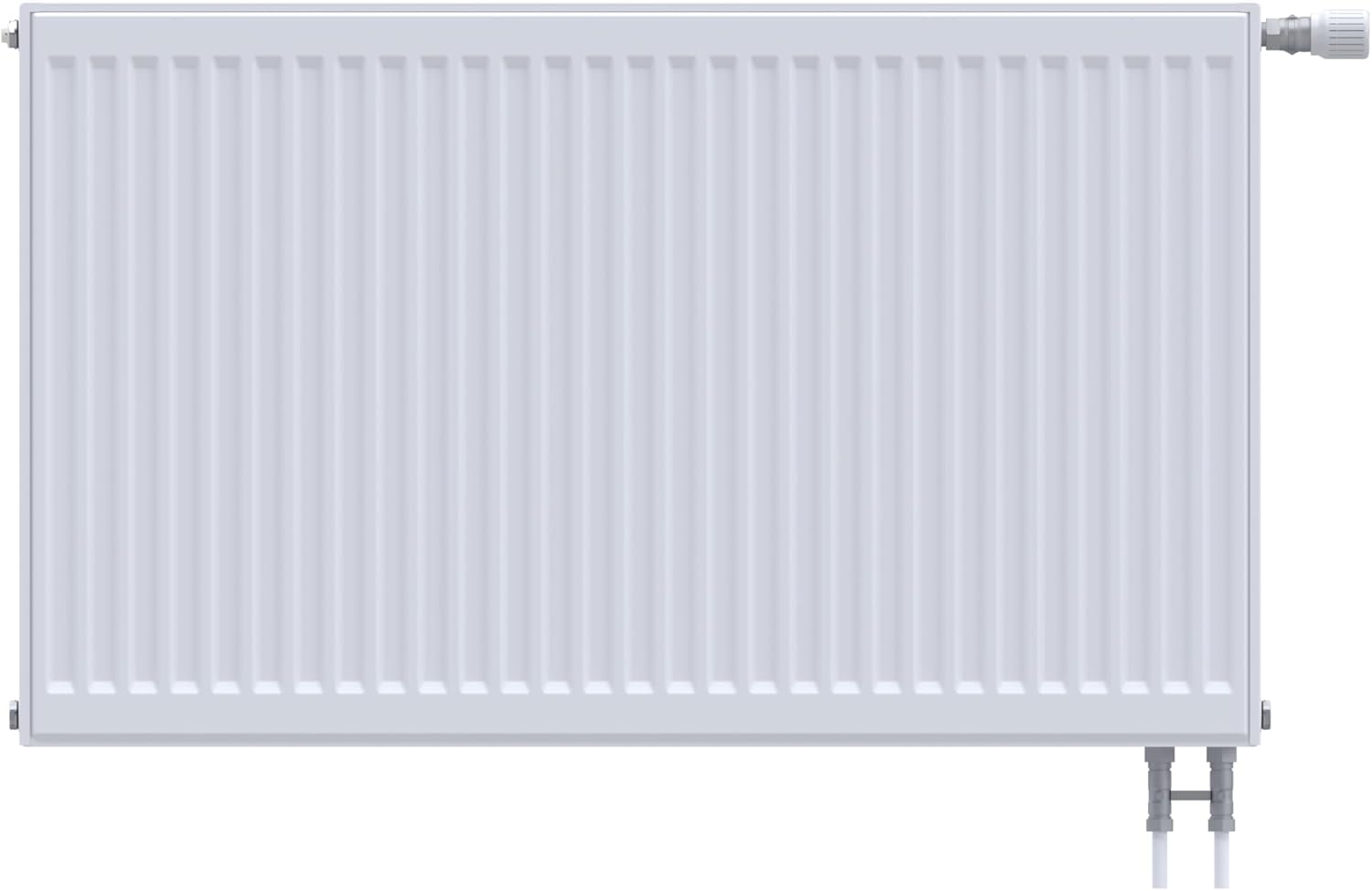 Kompaktheizkörper & Ventilheizkörper Typ 22 – 600x600 mm – Flachheizkörper 6-fach Anschluss, Weiß RAL 9016, 110°C / 10bar, inkl. Thermostatventil & Wandhalter, Warmwasser EN 442