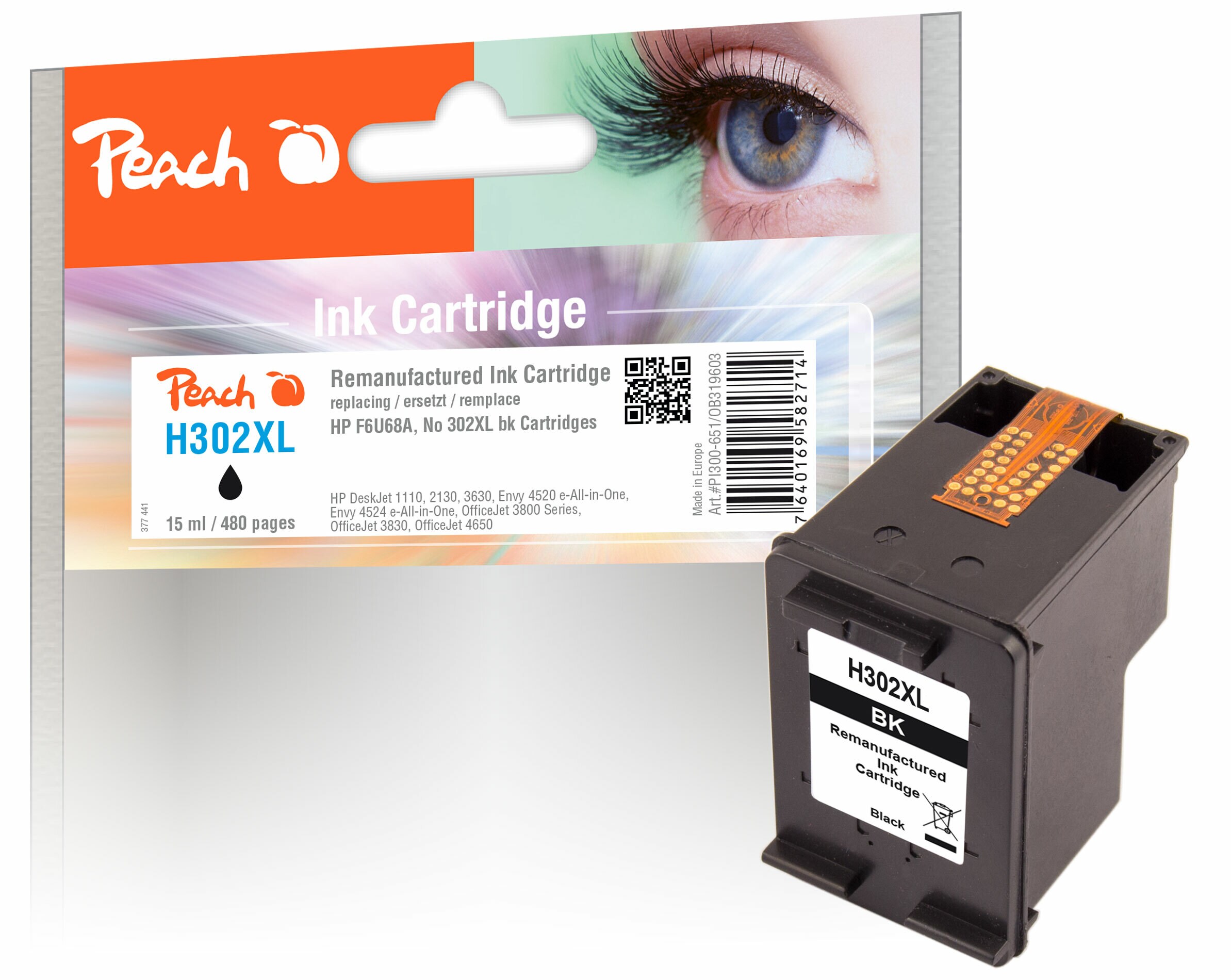 Peach HP 302 XLbk Druckkopf XL bk ersetzt HP No. 302XL bk, F6U68AE für z.B. HP OfficeJet 3833, HP Envy 4520, HP OfficeJet 5232, HP OfficeJet 3835 (wiederaufbereitet)