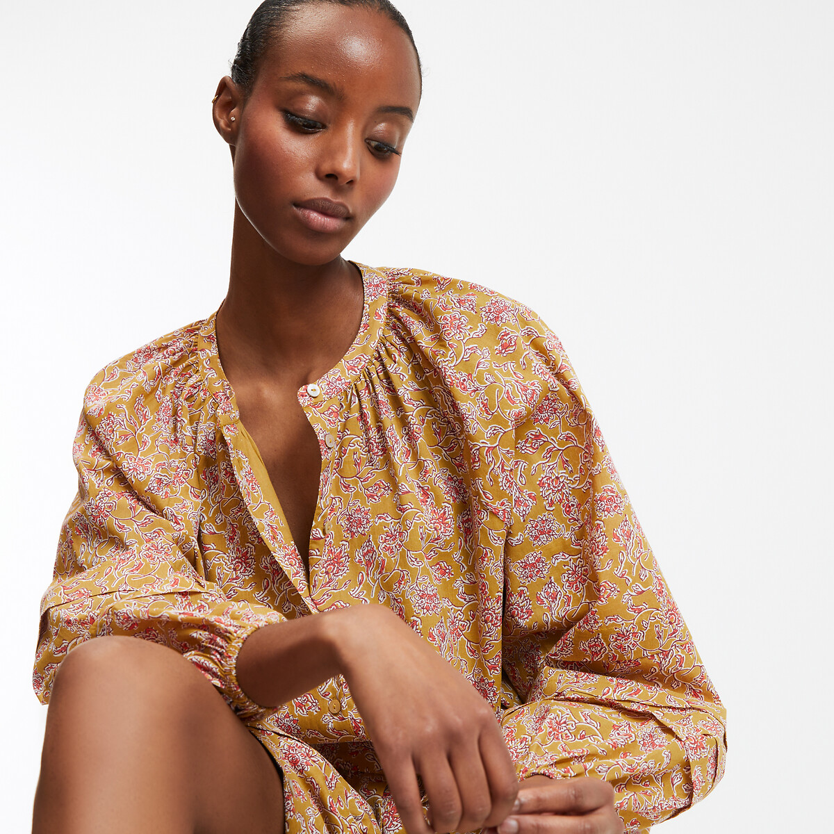 COLEÇÕES LA REDOUTE<br>Vestido longo com estampa floral e mangas bufantes