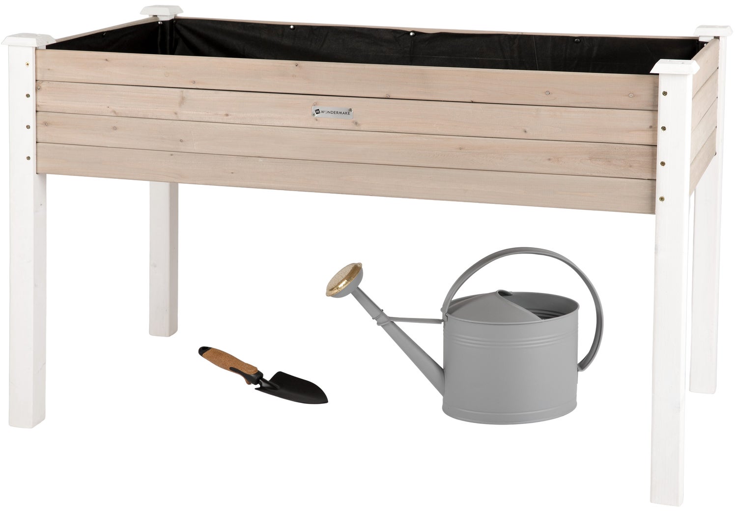 WONDERMAKE - Grote houten verhoogde bak voor tuin, balkon en terras, XL rechthoekige smalle plantenbakset met fleecevoering, kruidentuinbak, wit, grijs, antraciet