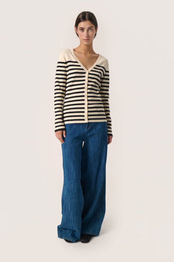 Soaked in Luxury SLPina V-Neck Cardigan White with black stripe