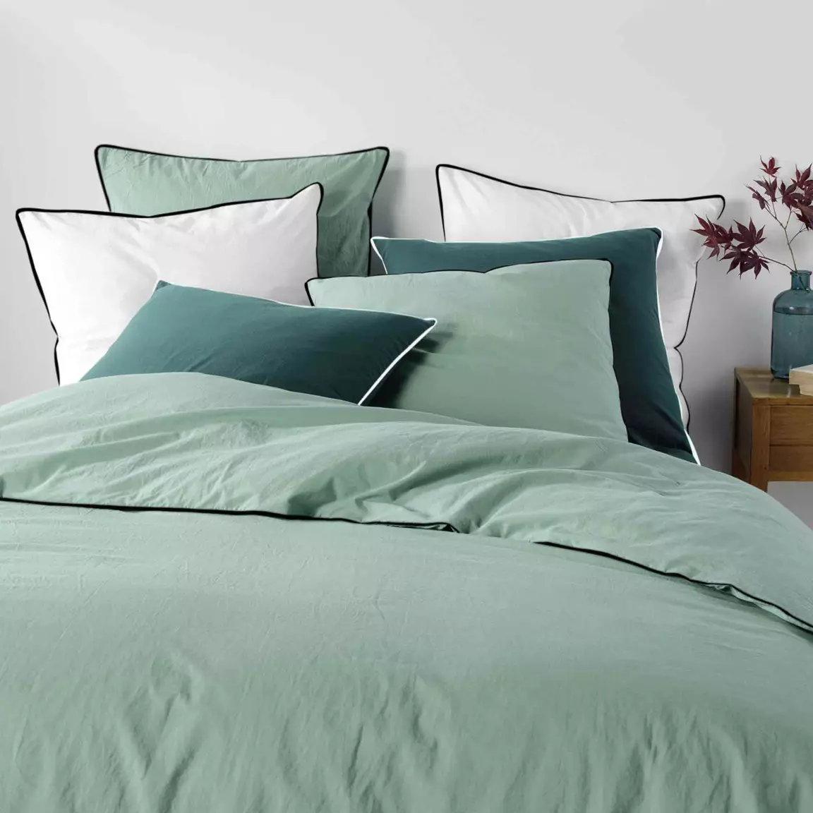 Drap housse coton lavé (160 x 200 cm) Linette Vert sauge