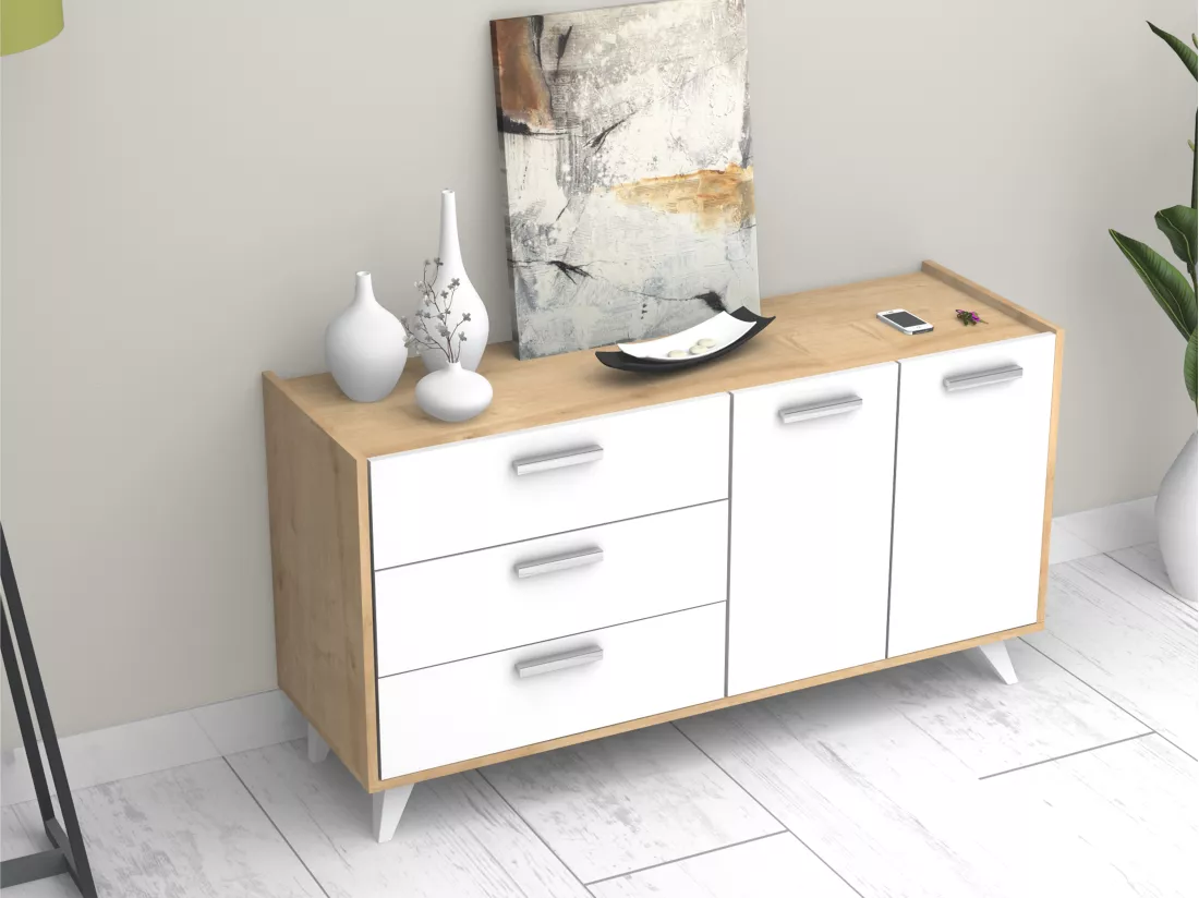 Buffet avec 2 portes et 3 tiroirs - Blanc et naturel - NAELY