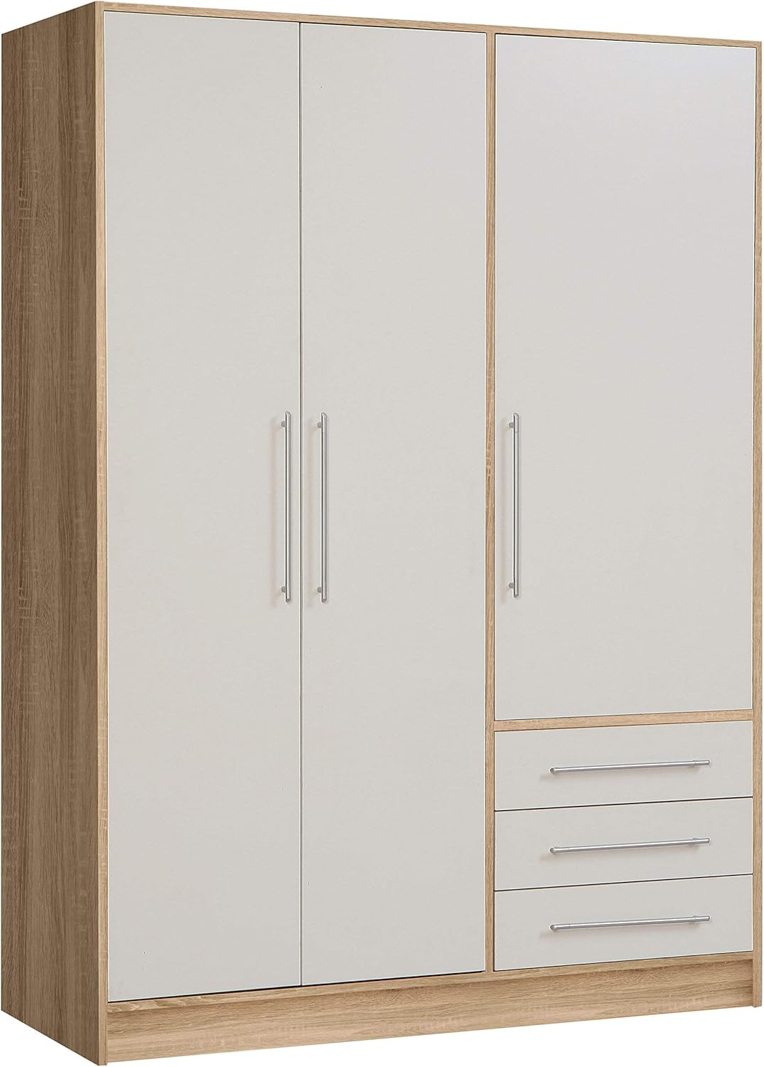 FORTE Jupiter Schrank 140 150, Kleiderschrank, Drehtürenschrank, 3-türig, mit 3 Schubladen und Einlegeböden, Weiß mit Holz Dekor: Sonoma Eiche, 145 cm breit x 60 cm tief x 200 cm hoch