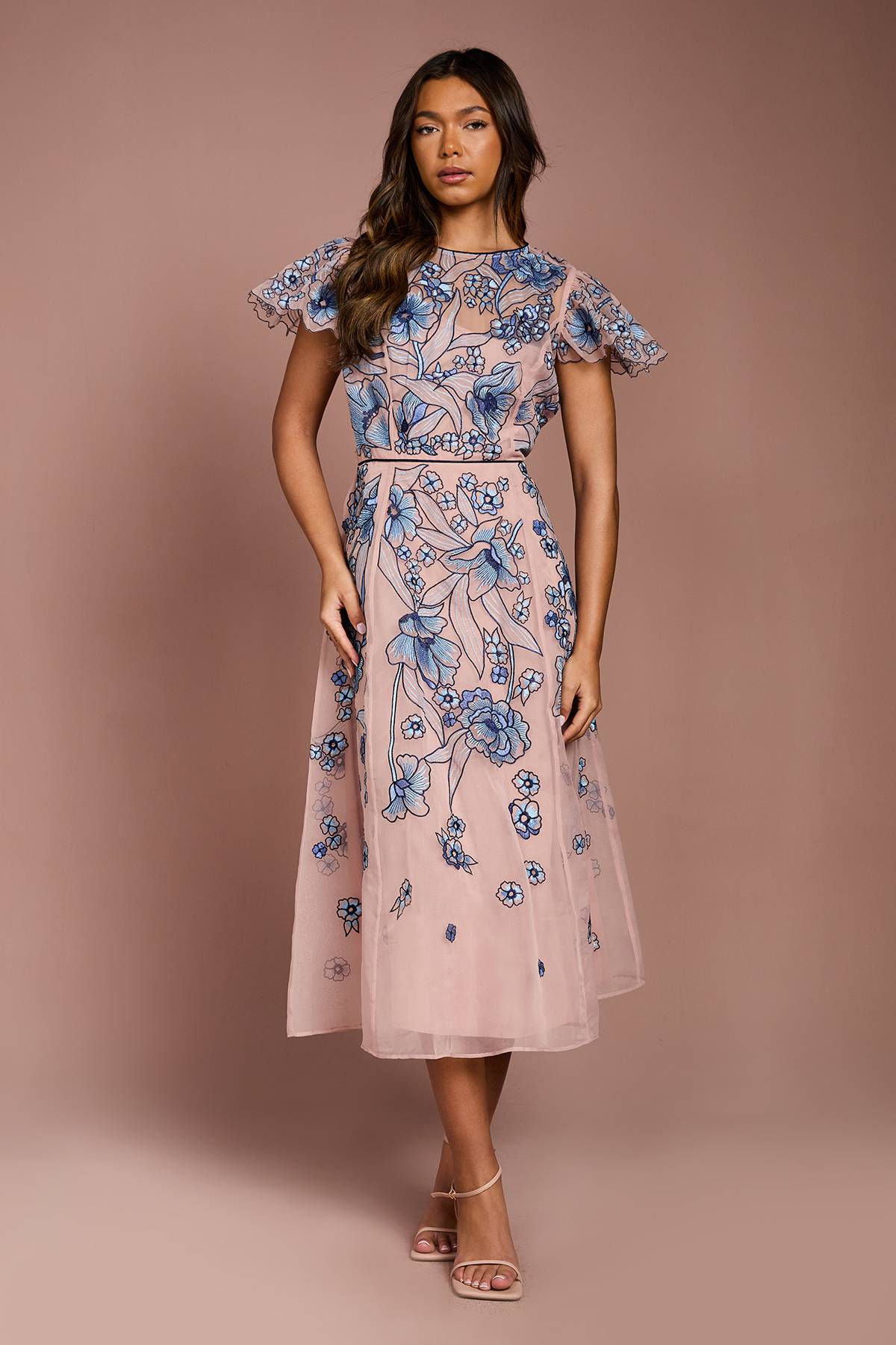 Coast Robe Midi À Manches Ajourées Brodées Florales
