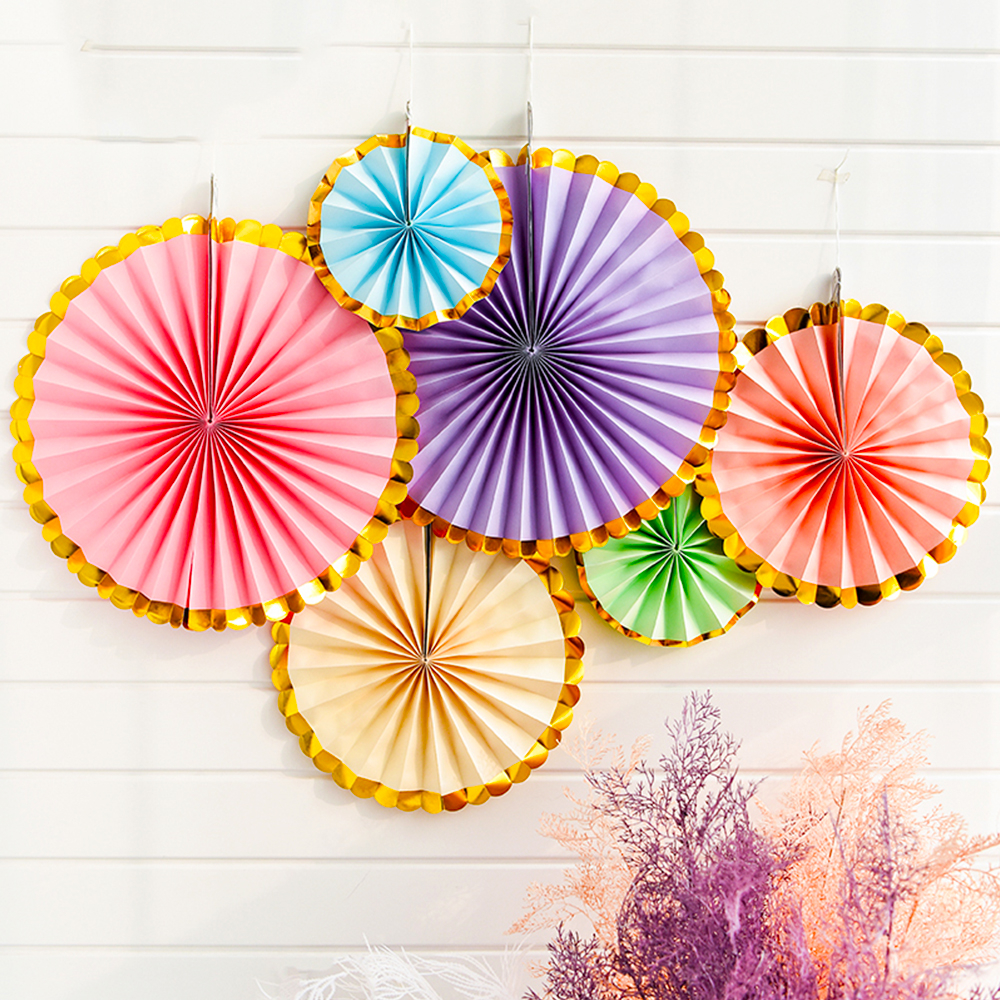 (6er Set) Papier Fächer Deko Rosetten Party / Geburtstag / Hochzeit - Grün / Rosa / Violett / Blau / Gold