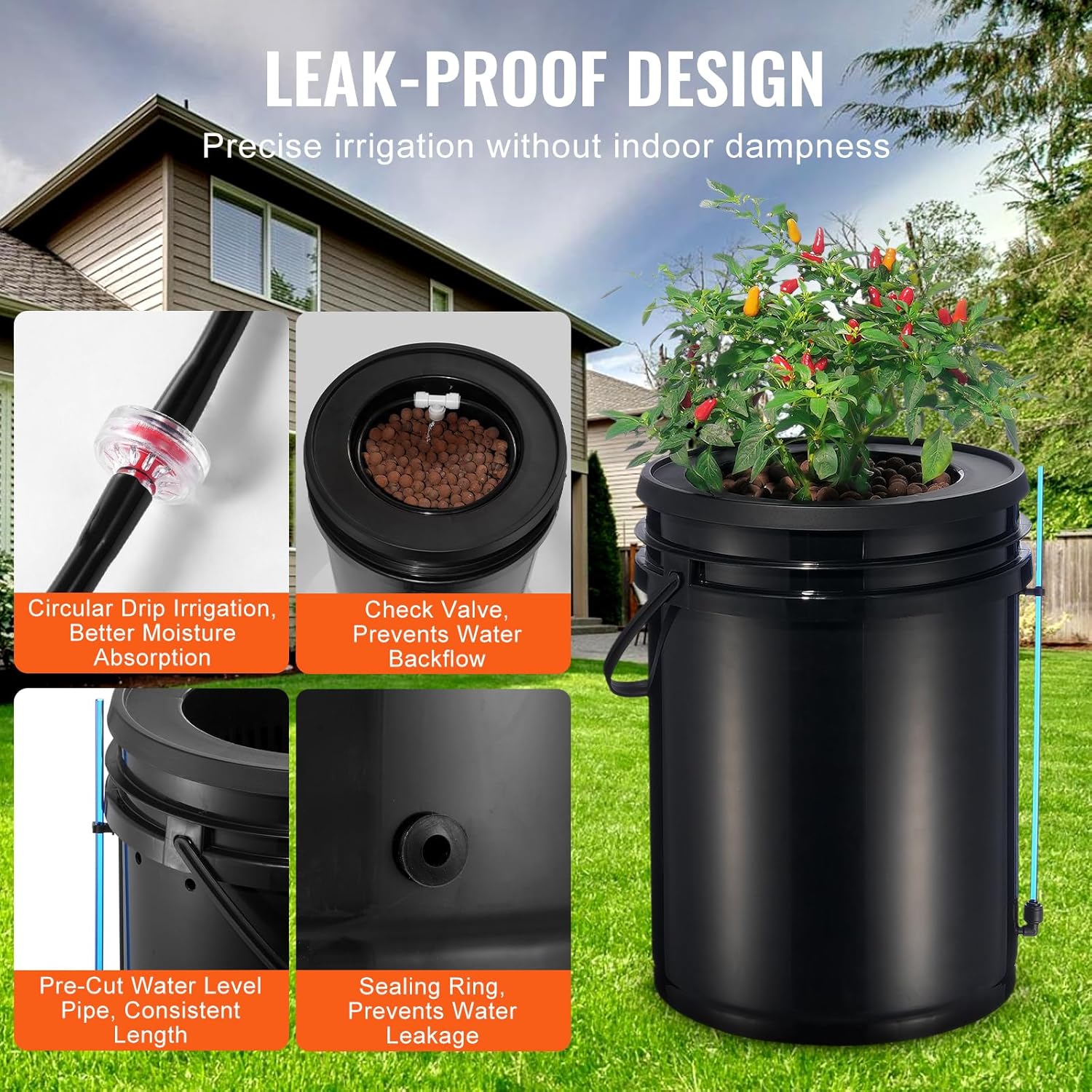 VEVOR RDWC Hydroponisches Anbausystem, Hydrokultur Anzuchtsysteme mit Tropfsystem, Umwälz-Tiefwasserkultur, 4 Eimer und 1 Reservoir, mit Luftpumpe und Wasserstandsanzeige für Blattgemüse