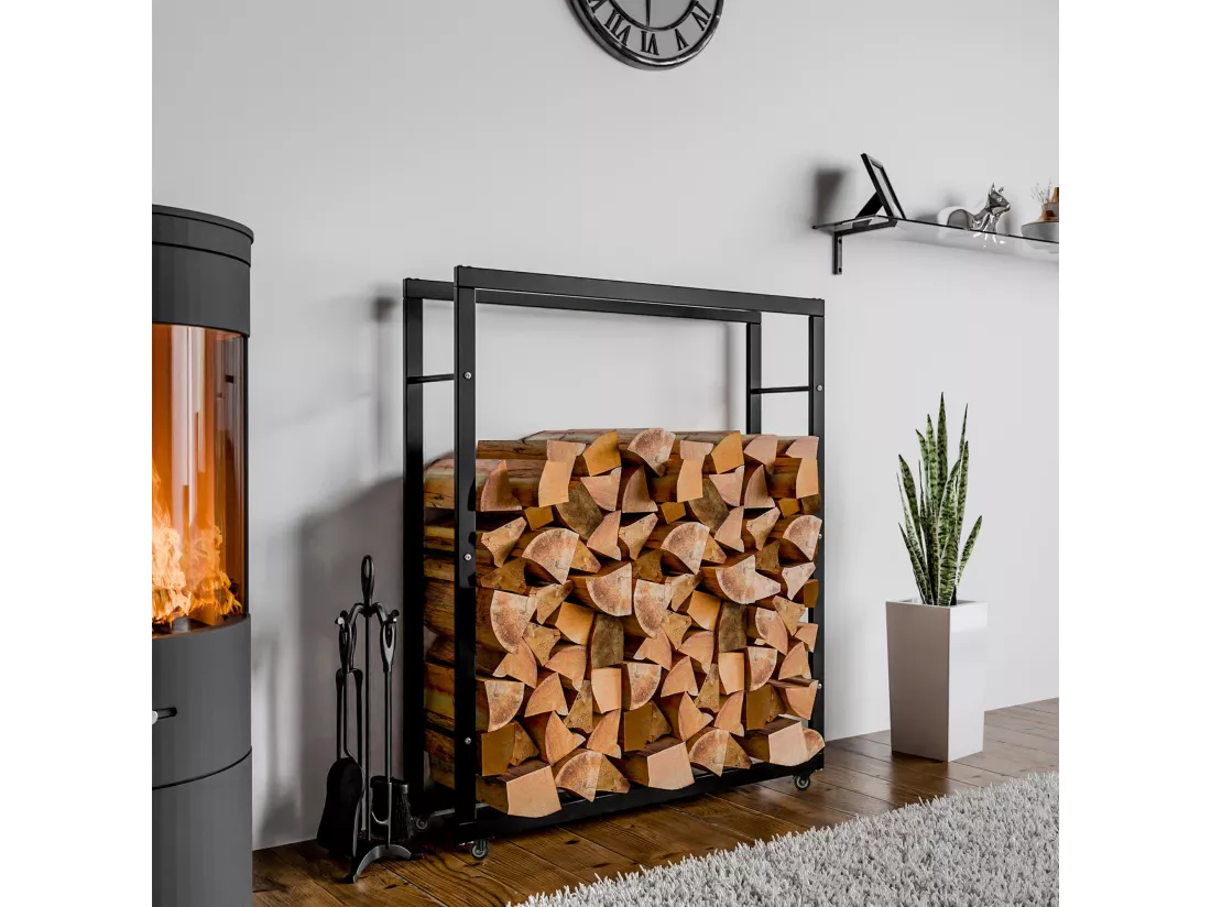 Etagère bois de cheminée - Métal - 25x100x125 cm - Noir - Keri