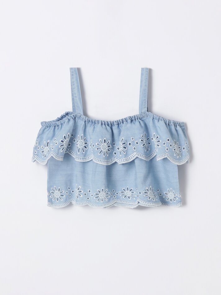 Top jeans leve com bordado suíço - Azul/branco