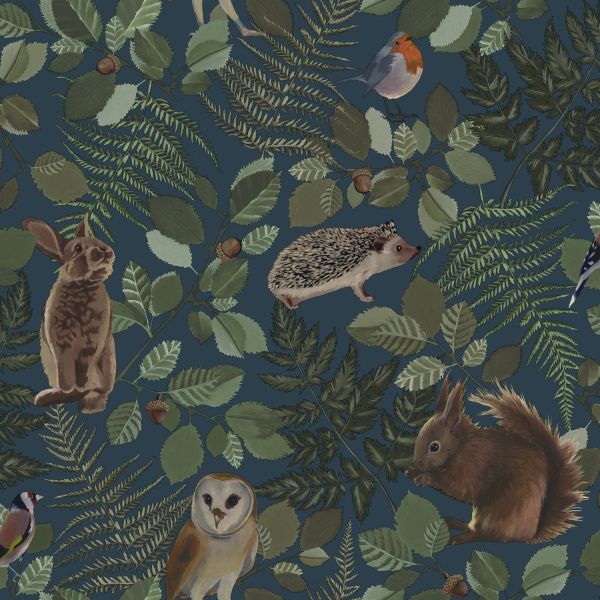 Estahome Bosdieren Behang - 0,53 x 10,05 m - Donkerblauw / Groen / Bruin