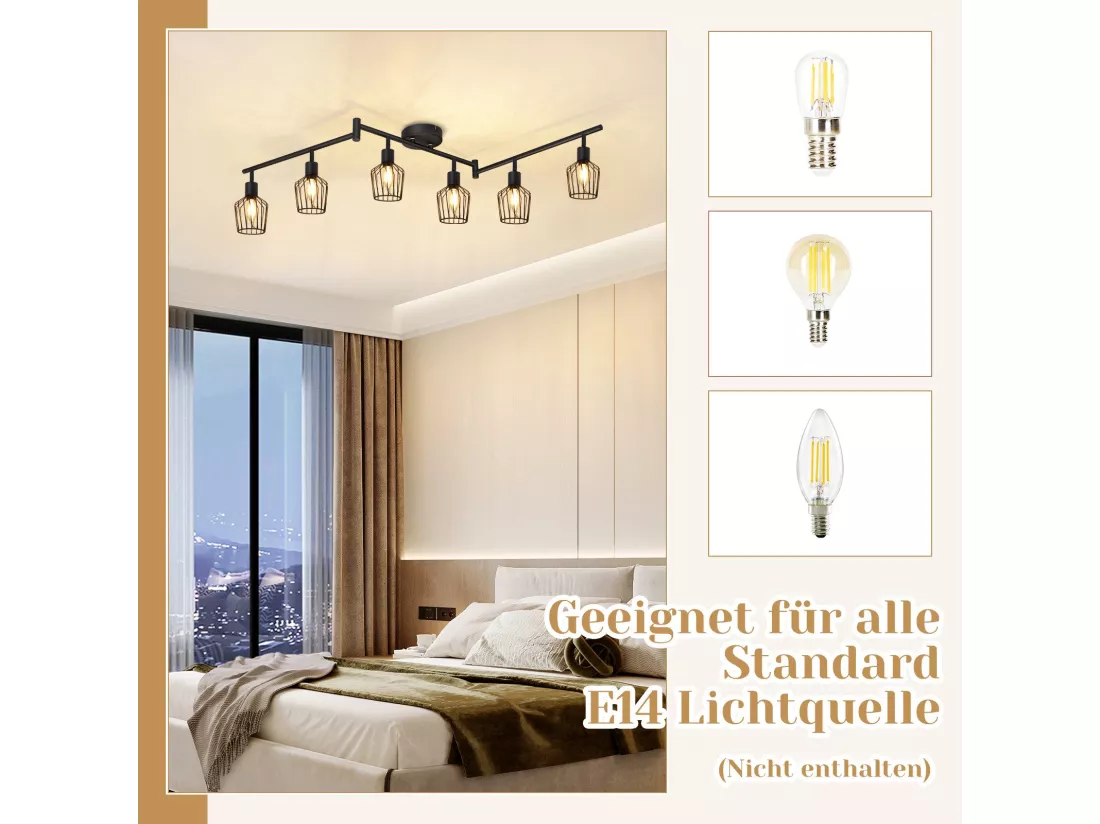 NETTLIFE Plafonnier E14 6 flammes spot de plafond noir spot industriel LED rotatif 350° dimmable