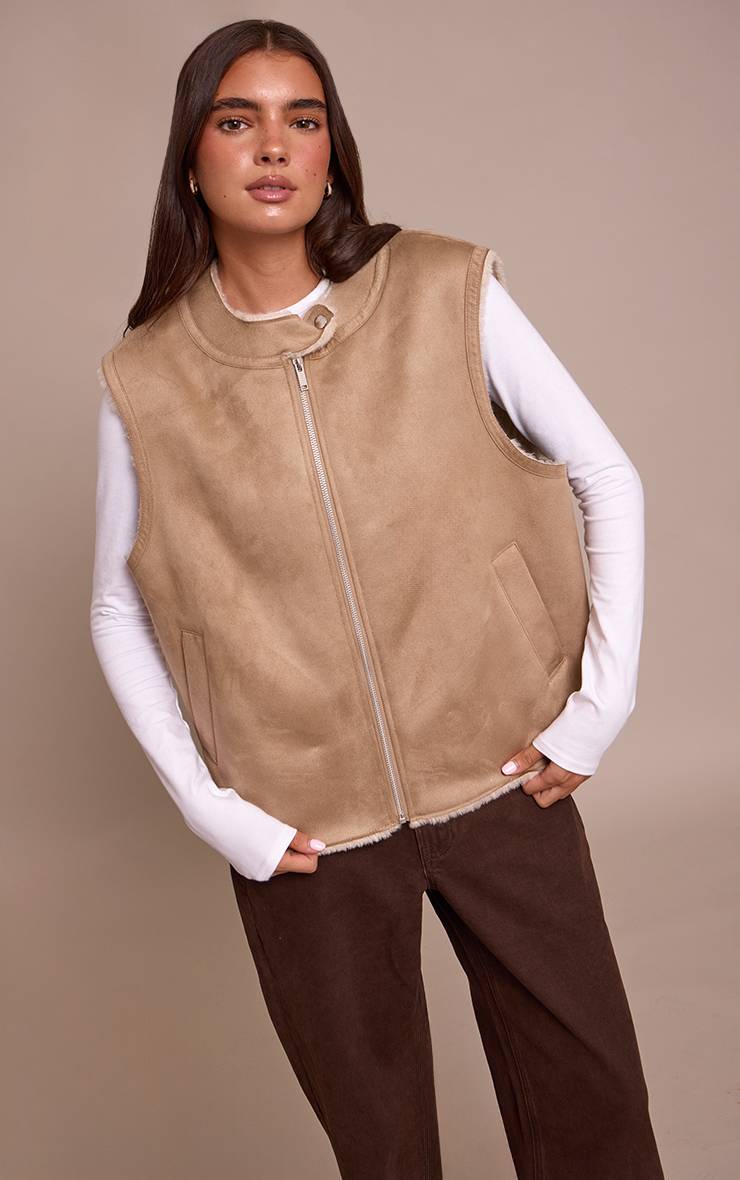Beige Gilet Sans Manches En Synthétique Doublure Imitation Mouton