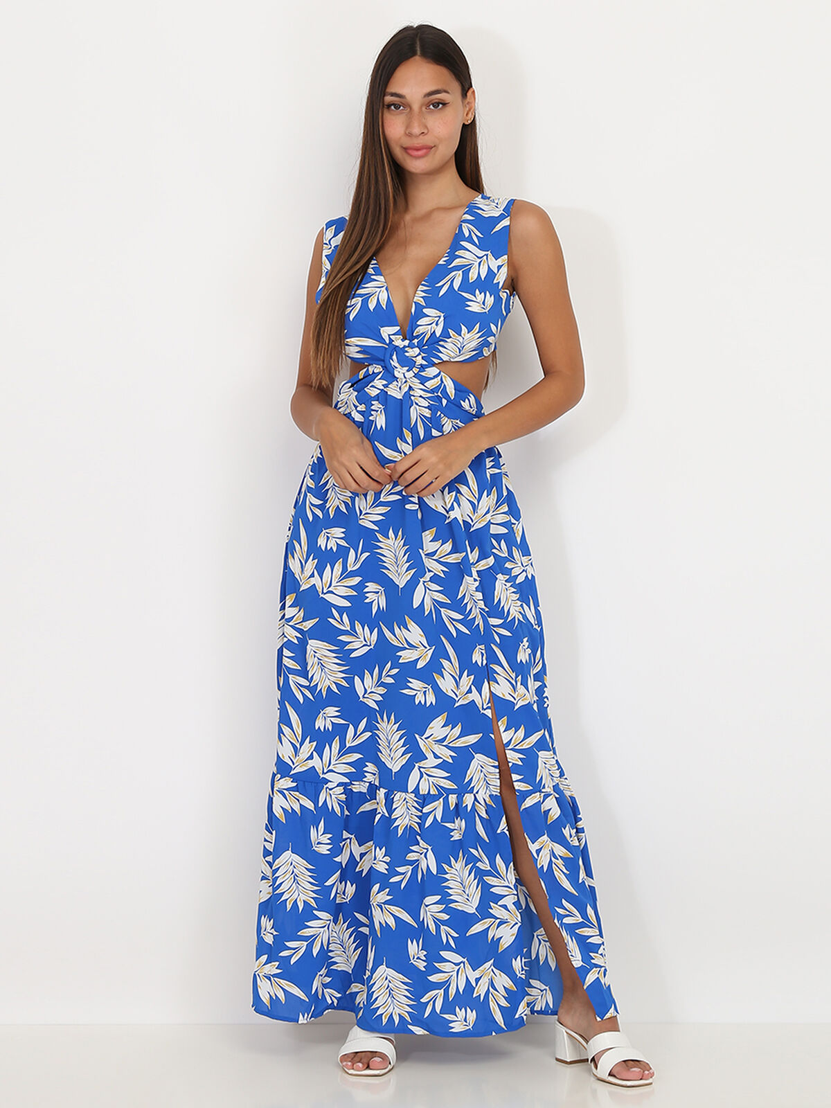 Robe cut out à imprimé feuilles- Bleu