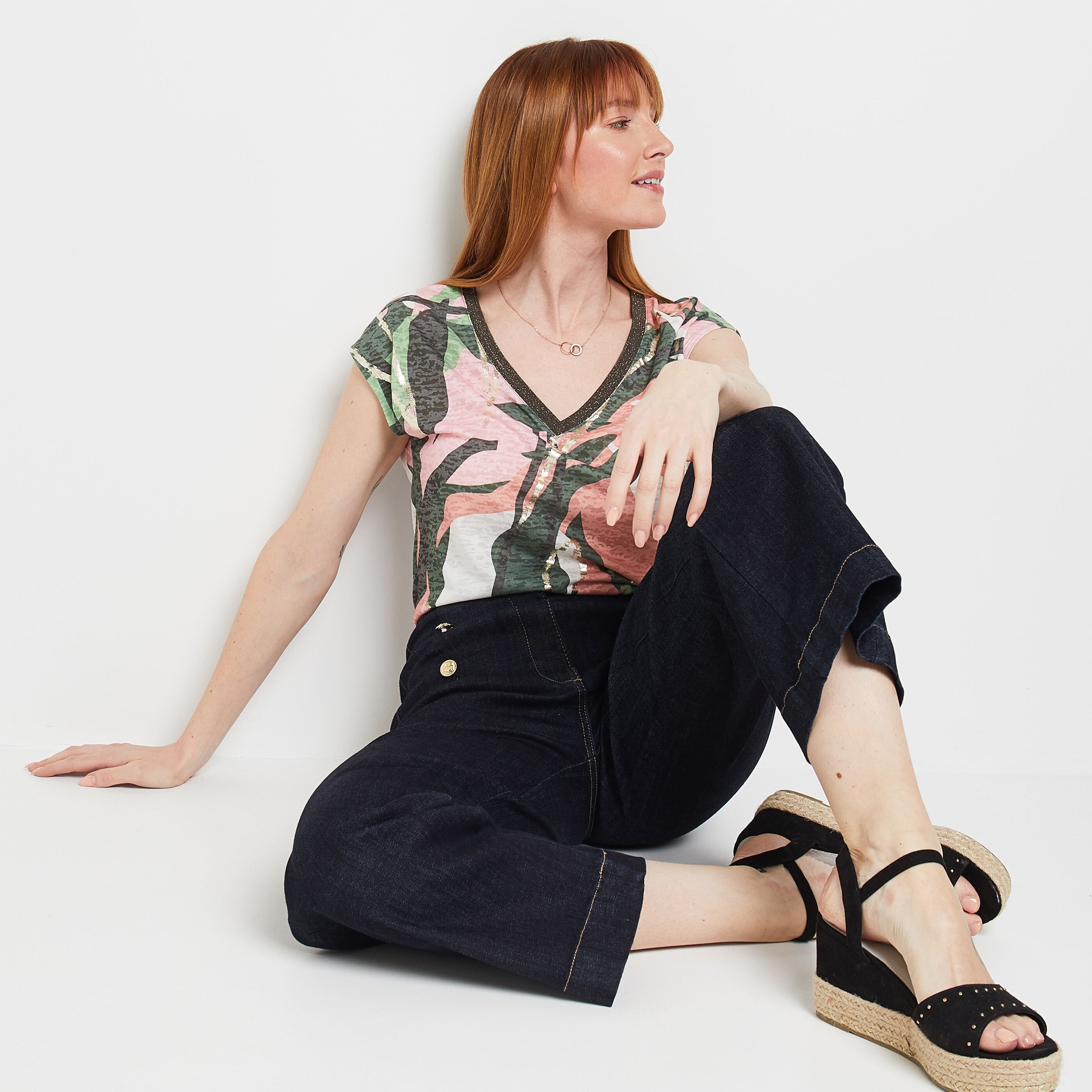 T-Shirt col V femme - KAKI