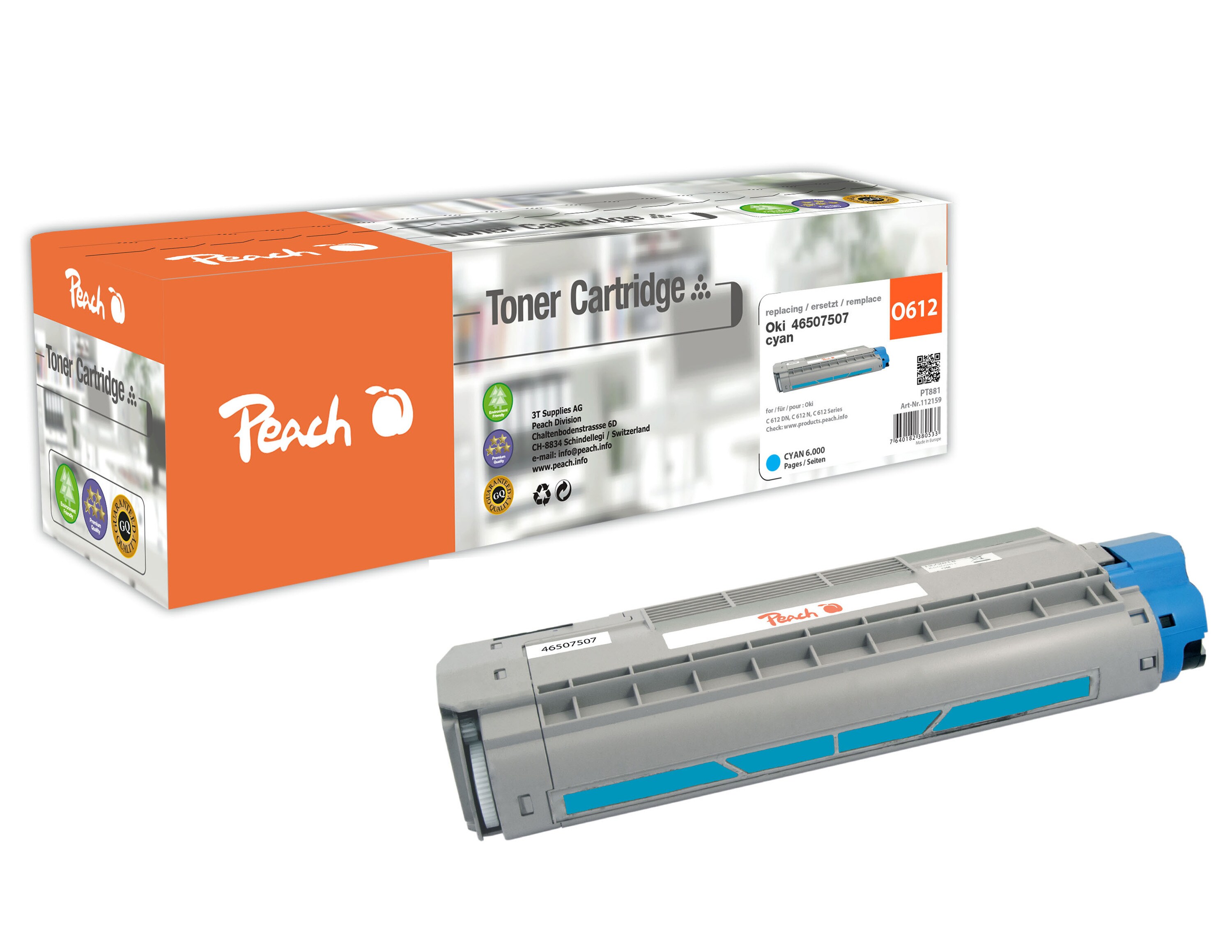 Peach O4650-75 Toner cy ersetzt OKI 46507507 für z.B. OKI C 612 DN, OKI C 612 N, OKI C 612 (wiederaufbereitet)