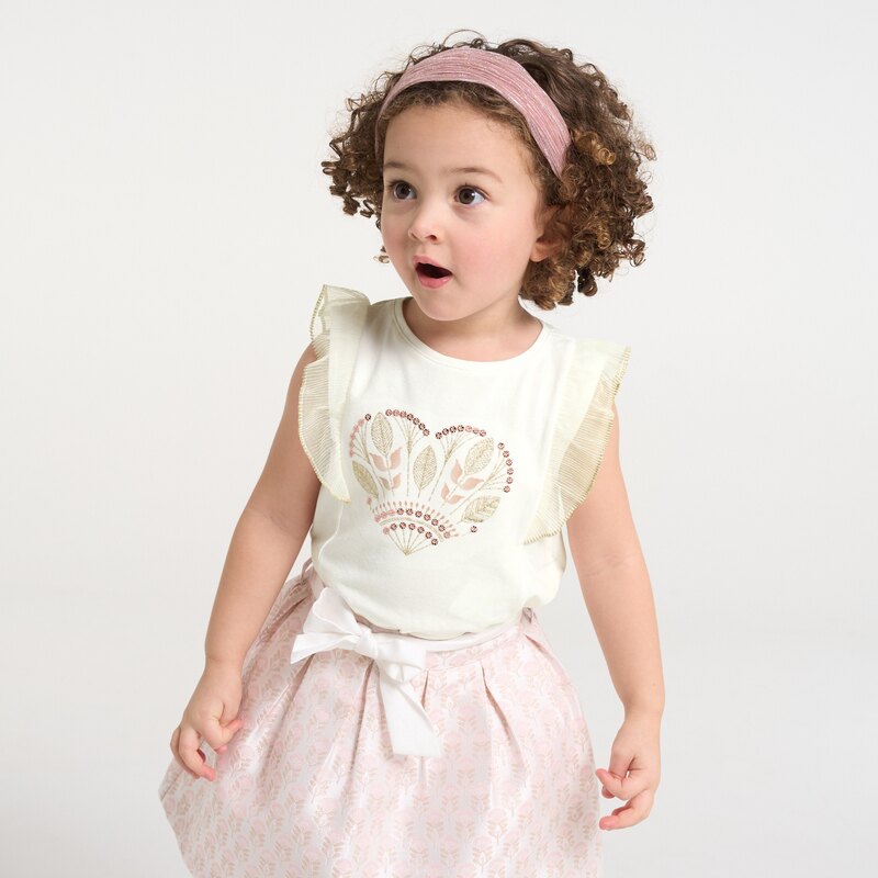 T-shirt brodé à manches volantées blanc bébé fille Blanc