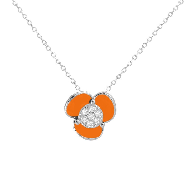 Collier fleur en argent rhodié avec émail orange et oxydes de zirconium