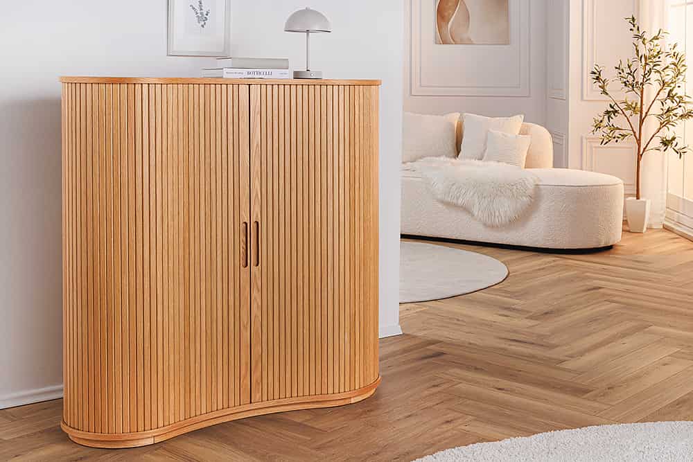 Retro Highboard VALHALLA WOOD 110cm natur Eichenholz mit Schiebetüren