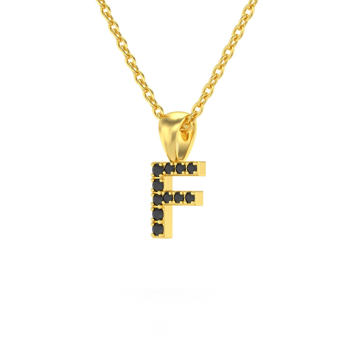 Collier Pendentif ADEN Lettre F Or 750 Jaune Diamant Noir Chaine Or 750 incluse 0.72grs