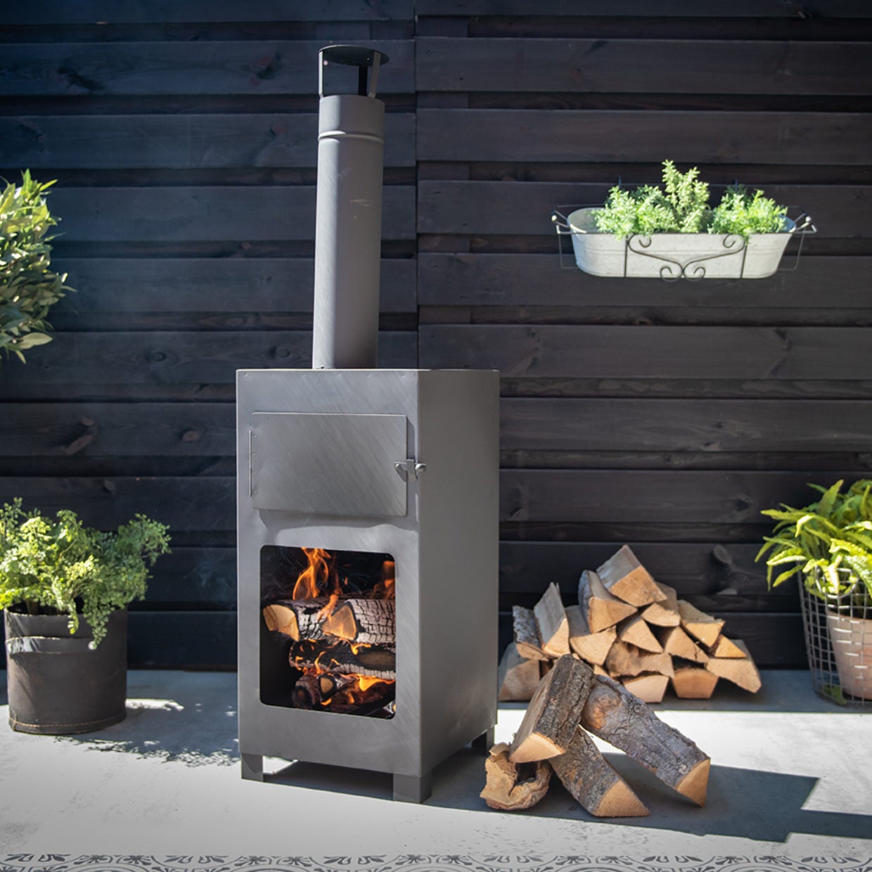 Esschert Design tuinhaard met pizzaoven Fancy Flames zwart 38 x 40,5 x 138 cm