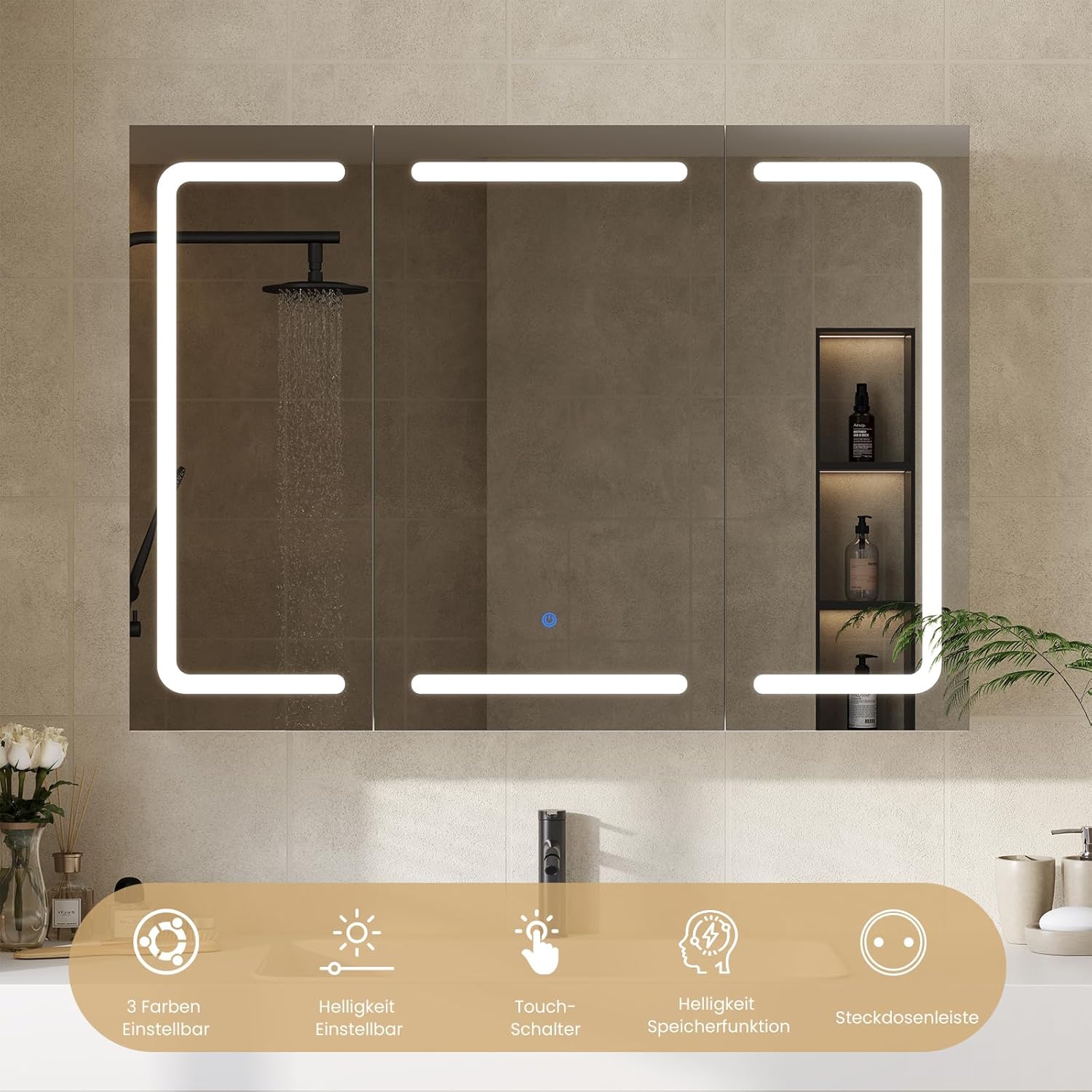DICTAC Spiegelschrank Bad mit Beleuchtung und Steckdose Badezimmerschrank mit Spiegel und Verstellbarem Regal,Badschrank mit 3 Türen,Wandschrank,Hängeschrank,3 Farbtemperatur Dimmbare,80x60x16cm,Weiß