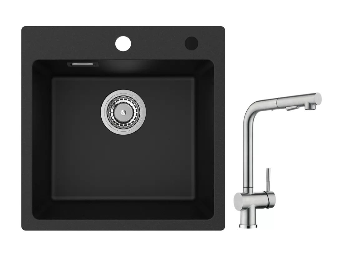 Cecipa max 45x45cm Evier Quartz Noir Evier 1 Bac en Quartz et Résine Evier de Cuisine + Robinet avec Douchette Mitigeur d'évier Extractible Brossé