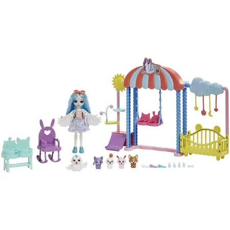 Mattel Enchantimals City Tails Tier-Kindergarten Set, Starley Stork Puppe & Figuren