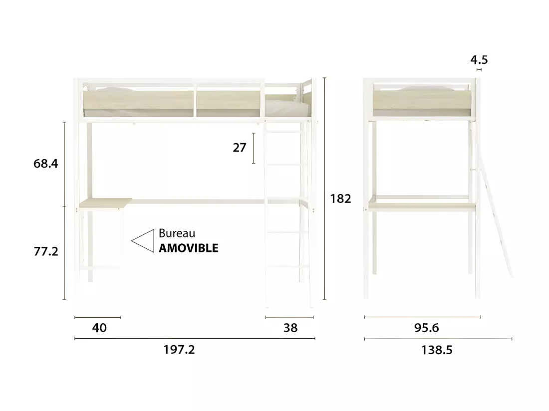 Lit mezzanine avec sommier et bureau en métal finition epoxy blanche et mélamine imitation chêne - couchage 90 x 190 cm - DINO