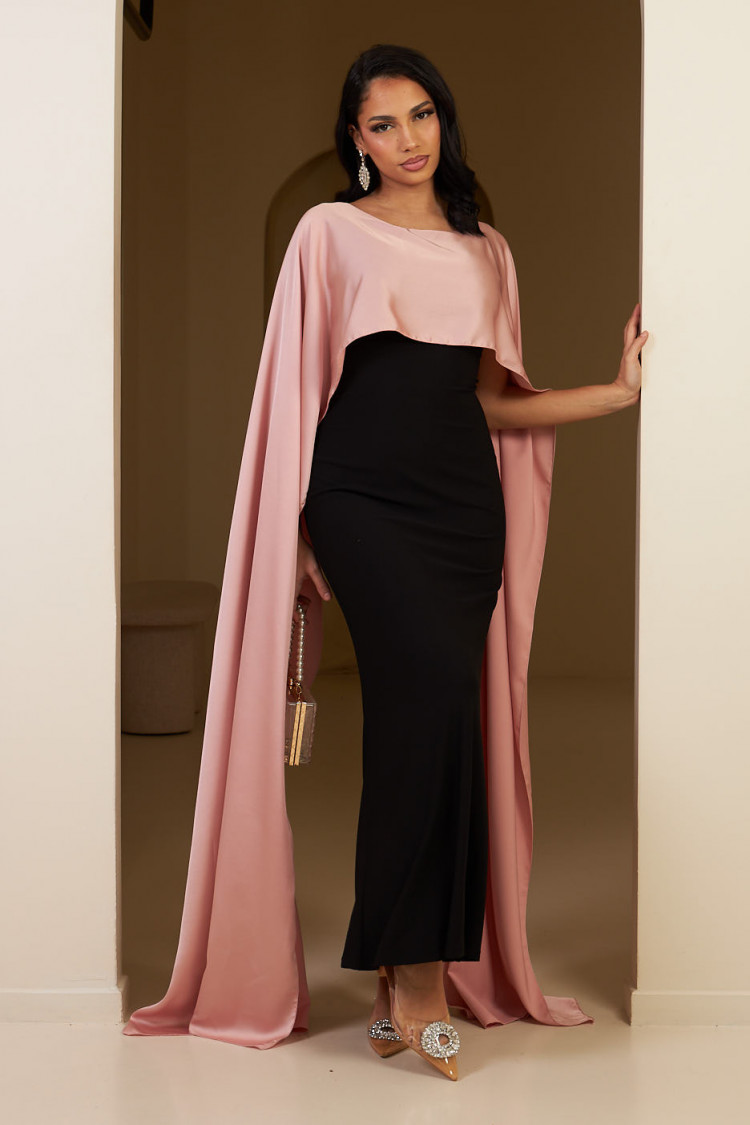 Robe noir ample satinée à empiècement voile rose gold