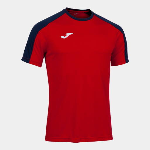 Camiseta Joma Eco Championship de manga curta, azul marinho e vermelha.