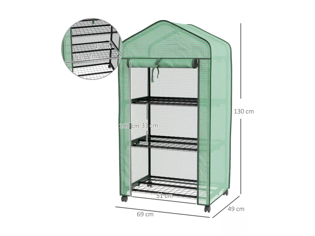 Mini serre de jardin 3 étagères porte enroulable 4 roulettes PE