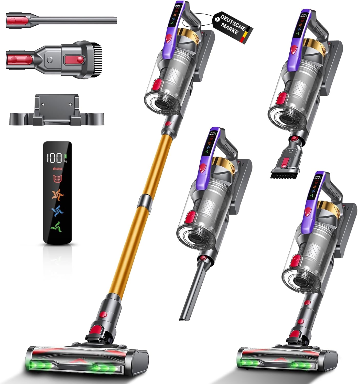 Akku Staubsauger Kabellos, 58KPa/550W/50Mins Akkustaubsauger mit LED-Display und Anti Tangle Bürste, 1,8L Kabelloser Staubsauger, Vacuum Cleaner für Tierhaare/Teppiche/Hartböden/Auto, Grau & Gold