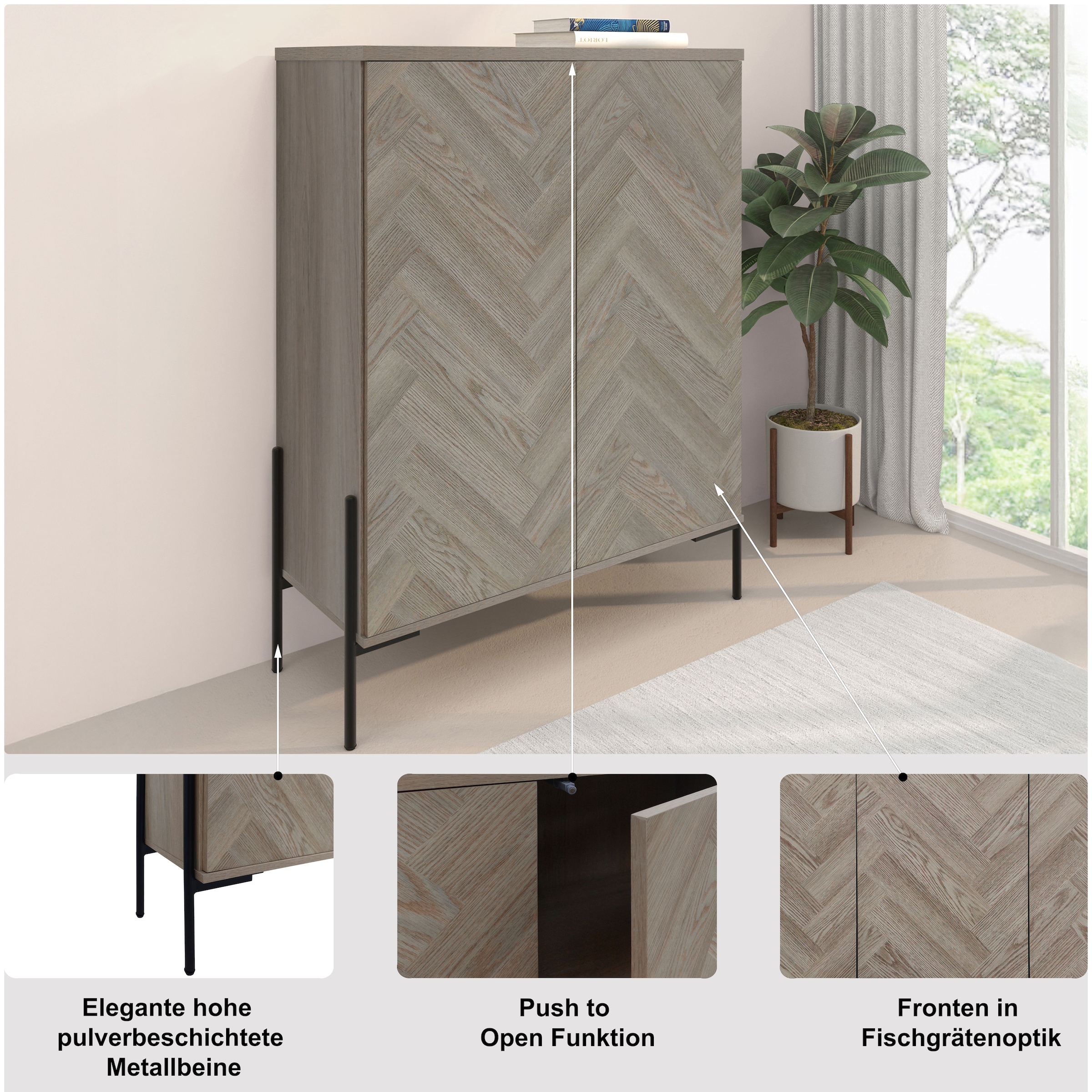 Leonique Highboard »Eadwine« Kommode, Midischrank, Push-to-open, Türen mit Fischgräten Muster