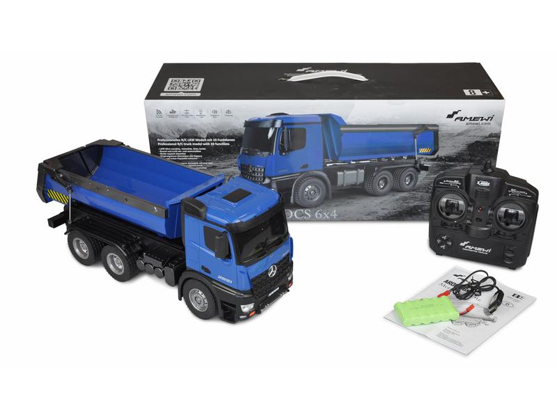 Amewi Lastwagen Mercedes-Benz Arocs 6x4, Blau 1:18, RTR Detailliertes Lastwagen Modell mit Kipper und LED Beleuchtung