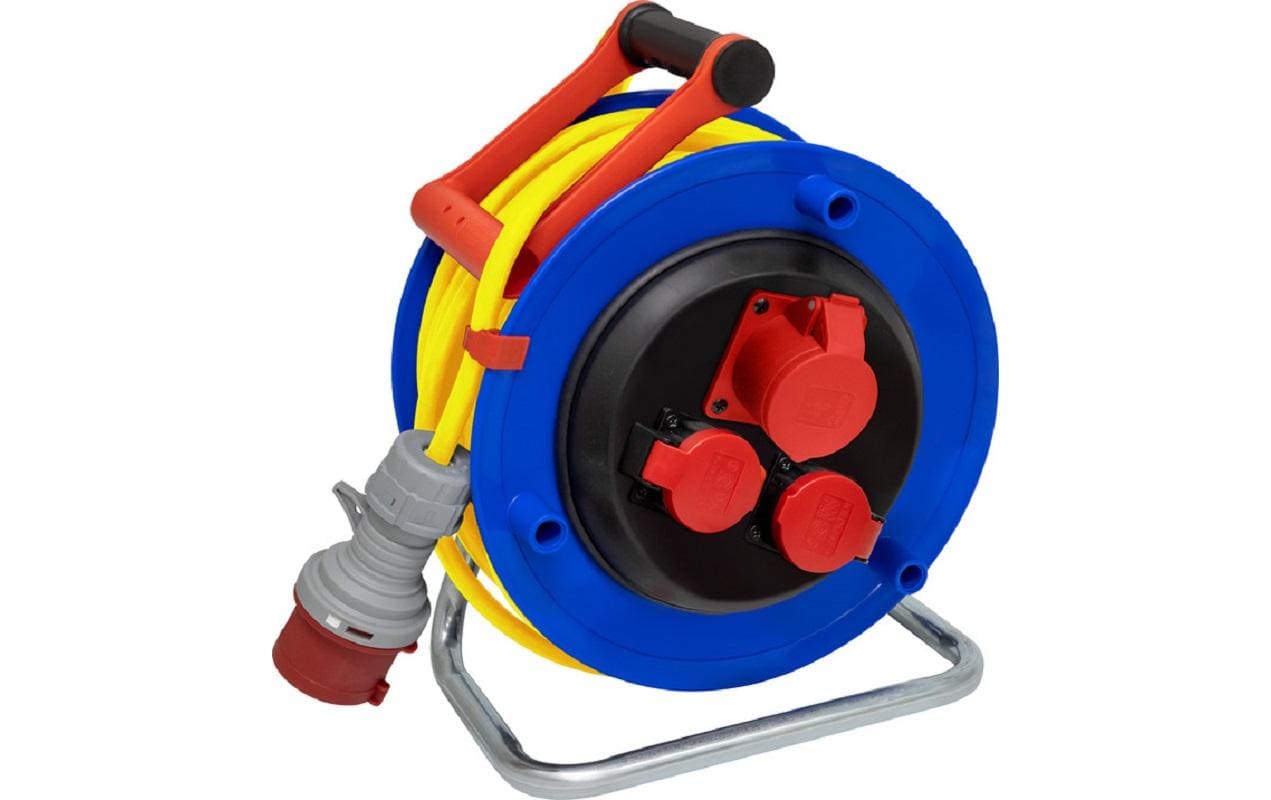 Baustellen-Kabelrolle BAT ST 290 25 m 1x CEE/5 + 2x T25<br>BAT Kabeltrommel ST 290, 1x CEE/5 + 2x T25 Steckdosen, 25 m langes Kabel, verzinkt mit Überhitzungsschutz und Kontroll-Leuchte
