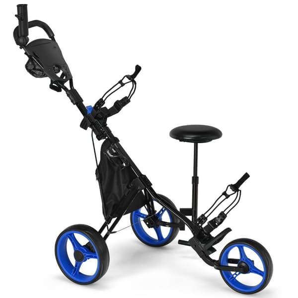 3 hjuls golfvogn laget av aluminium med paraplyholder og sete sammenleggbar golfvogn golf caddy blå