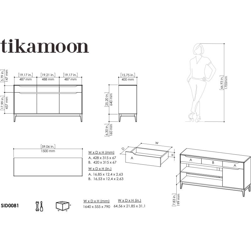 Buffet en bois de manguier massif Gabrielle H 81 x L 150 x P 40 cm