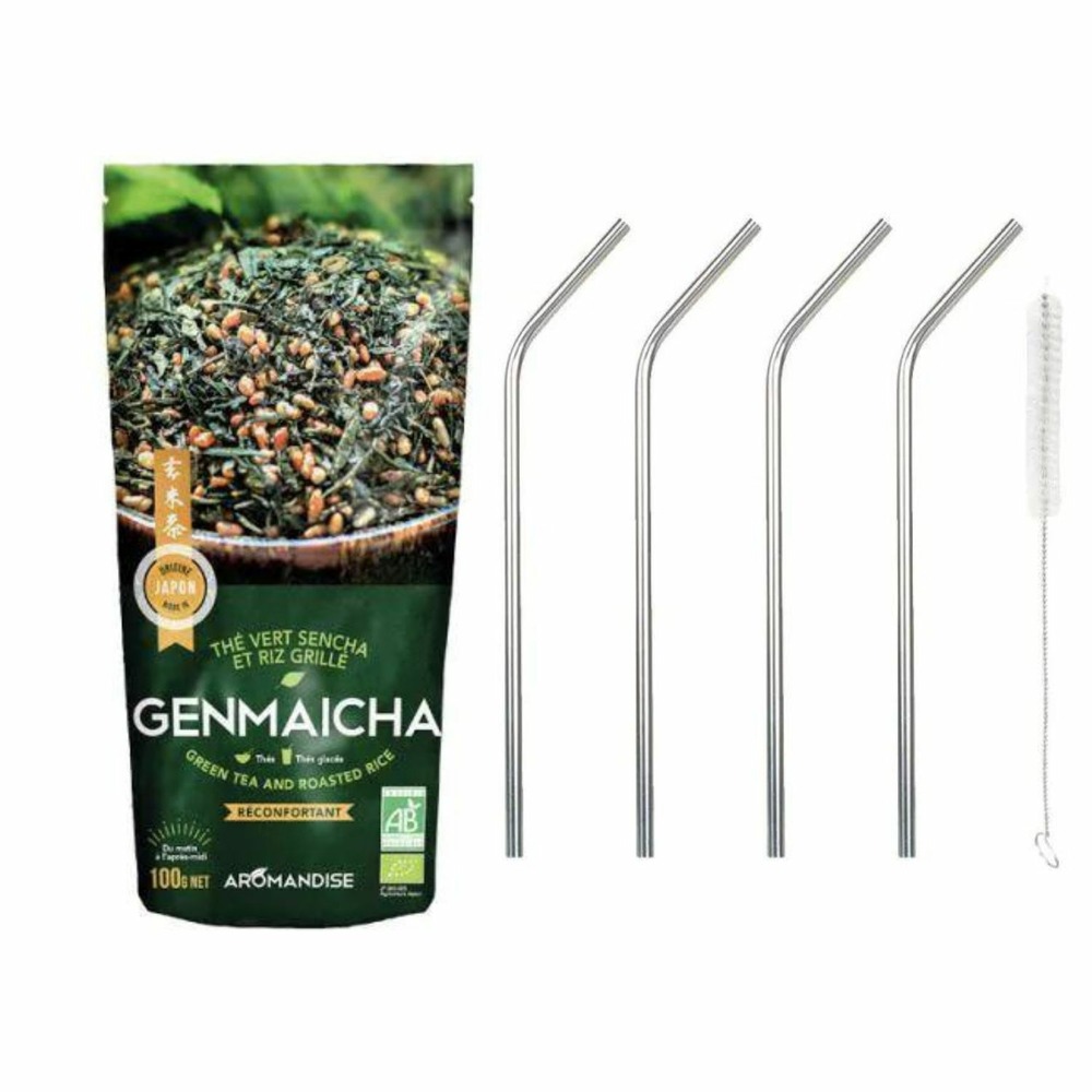 Thé vert bio japonais genmaicha 100 g + 4 pailles en inox