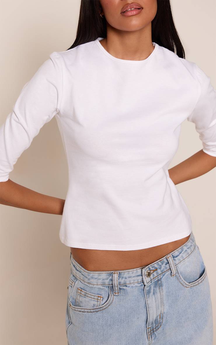 Blanc T-shirt En Coton À Manches Trois-quarts Avec Détails