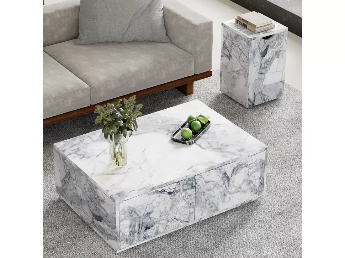 Lot de 2 table basse avec rangement, aspect en marbre en MDF, table d'appoint de canapé et balcon, Blanc, 100x70x33.5cm