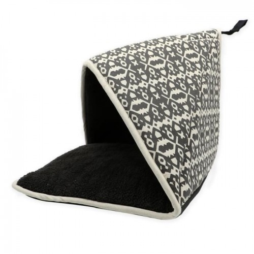 Cama dobrável para animais de estimação AIME com pompom de brinquedo preto e branco.