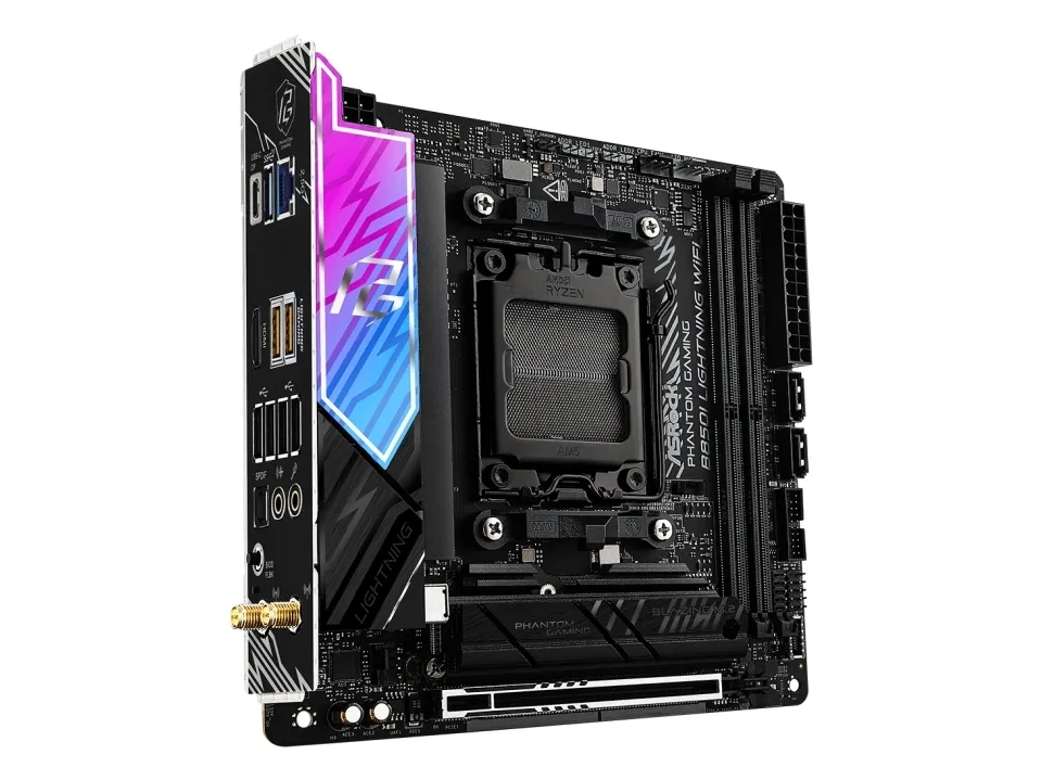 ASRock Phantom Gaming B850I LIGHTNING WIFI - Bundkort - mini ITX - Socket AM5 - AMD B850 Chipset - USB-C 3.2 Gen2, USB-C 3.2 Gen 1, USB 3.2 Gen 2, USB 3.2 Gen 1 - Wi-Fi 6E, Bluetooth, 2.5 Gigabit LAN - onboard grafik (CPU påkrævet) - HD Audio (8-kana