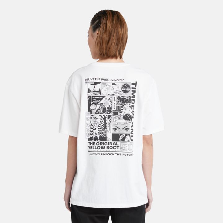 Camiseta unissex com estampa de quadrinhos na cor branca.