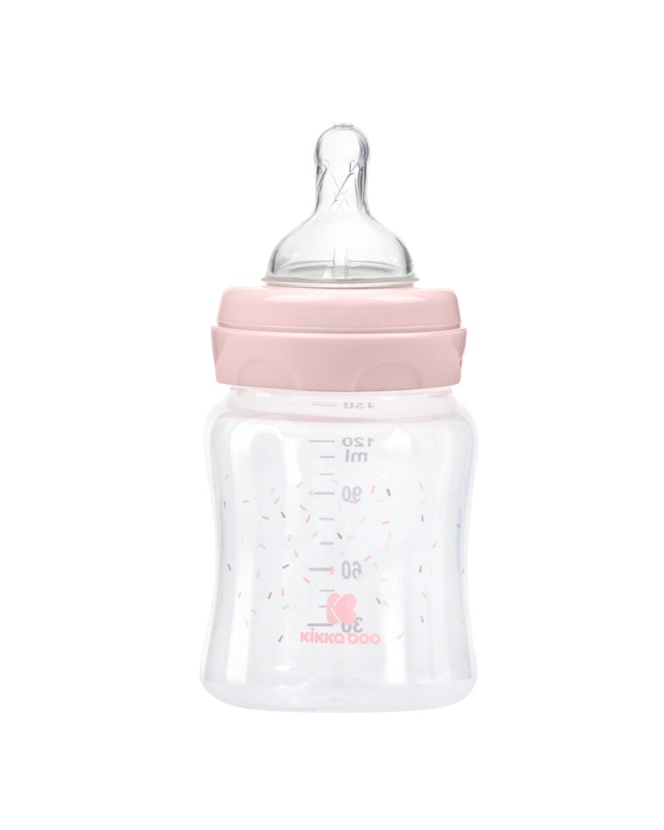 Kikkaboo Babyflasche PP 120 ml, Anti-Kolik-Sauger Größe S, Weithals, ab Geburt rosa